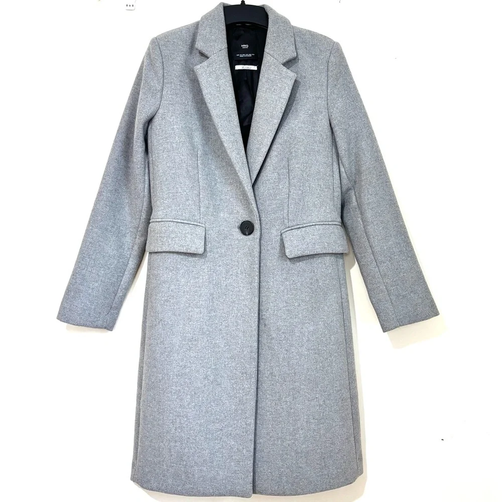 Mango MNG heather gray wool blend one button business classic tailored pea coat